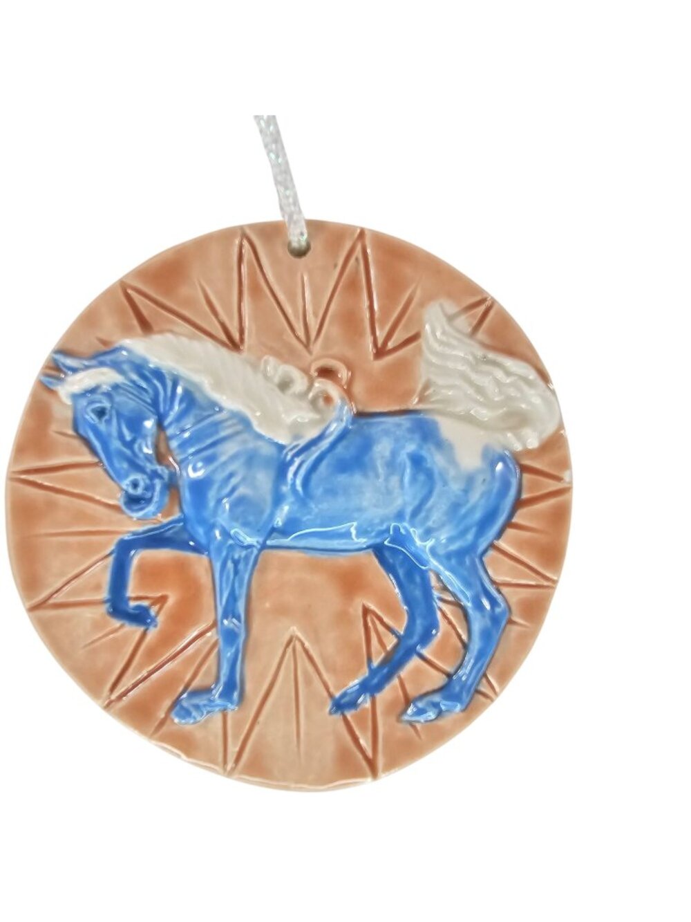 Kristina Lucas Francis Ceramic Horse Medallion Ornament 2012 Peach Blue White
